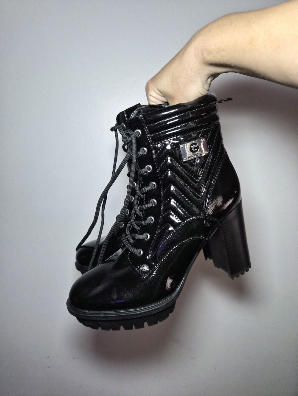 G by Guess Black Patent Lace-Up Chunky Heel Combat Boots 8.5